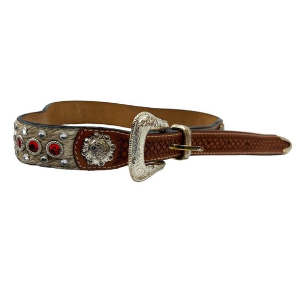 ddd Accessories - 3-D western belt 28 calf hair gems crystals DDD silver hardware red leather